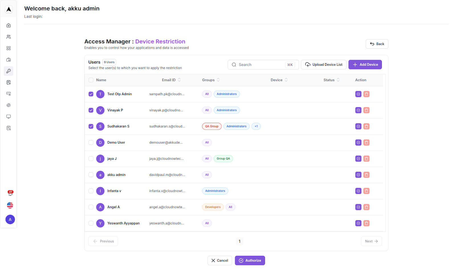 Device Restriction Panel