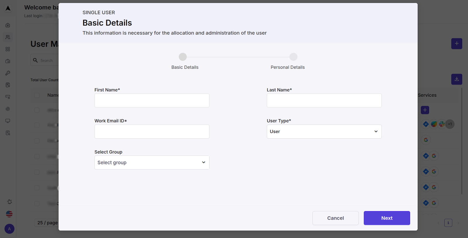 User Mangement Interface